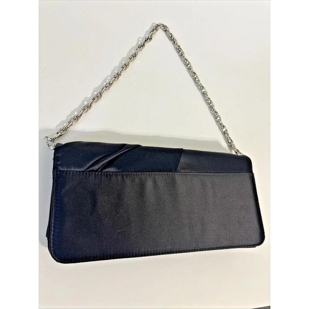 White House Black Market Black Satin Twist Front Evening Clutch w/Silver Chain - Picture 3 of 16
